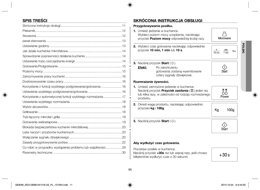 Samsung GE83M/XEO manual Spis treści, Skrócona instrukcja obsługi 