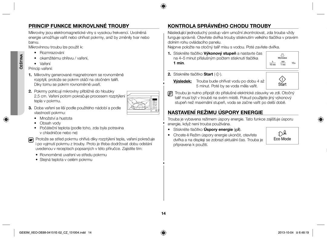 Samsung GE83M/XEO manual Princip funkce mikrovlnné trouby, Kontrola správného chodu trouby, Nastavení režimu úspory energie 