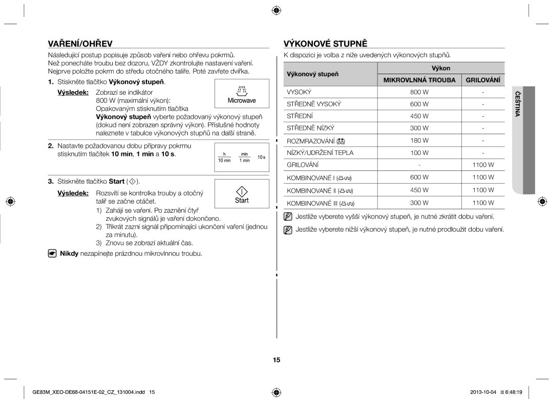 Samsung GE83M/XEO Vaření/Ohřev, Výkonové stupně, Dispozici je volba z níže uvedených výkonových stupňů, Výkonový stupeň 