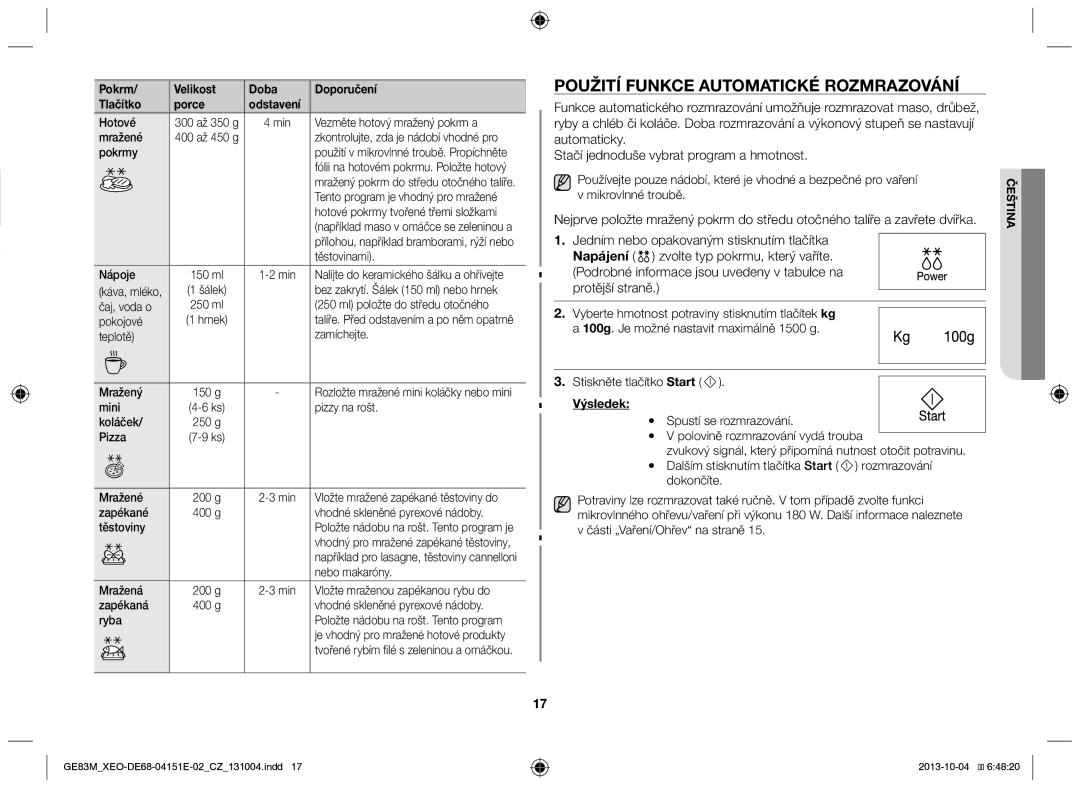 Samsung GE83M/XEO manual Použití funkce automatické rozmrazování, Pokrm Velikost Doba Doporučení Tlačítko Porce Odstavení 