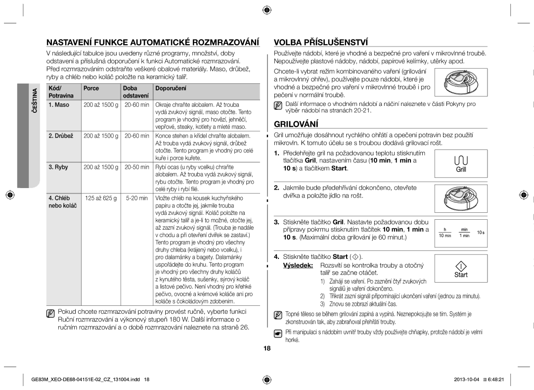 Samsung GE83M/XEO manual Nastavení funkce automatické rozmrazování, Volba příslušenství, Grilování 