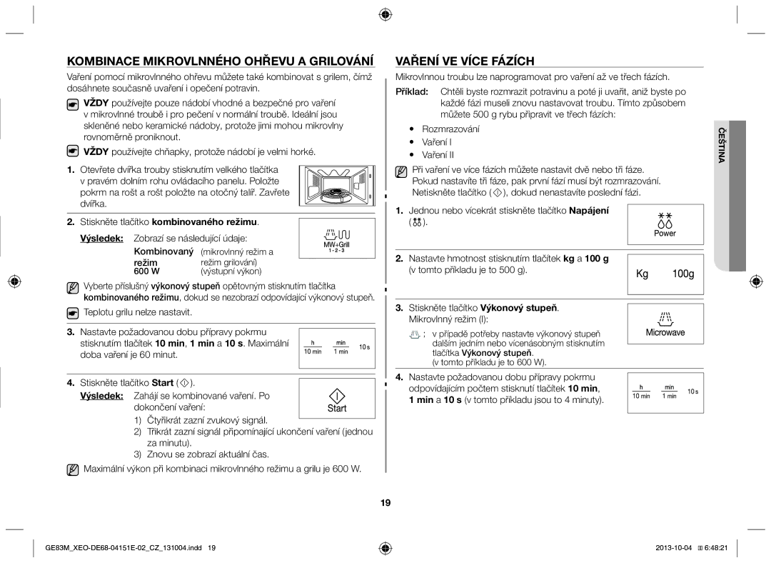 Samsung GE83M/XEO manual Kombinace mikrovlnného ohřevu a grilování, Vaření ve více fázích, Režim 