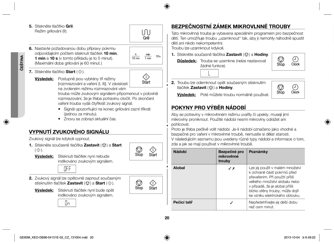 Samsung GE83M/XEO Vypnutí zvukového signálu, Bezpečnostní zámek mikrovlnné trouby, Pokyny pro výběr nádobí, Pečicí talíř 