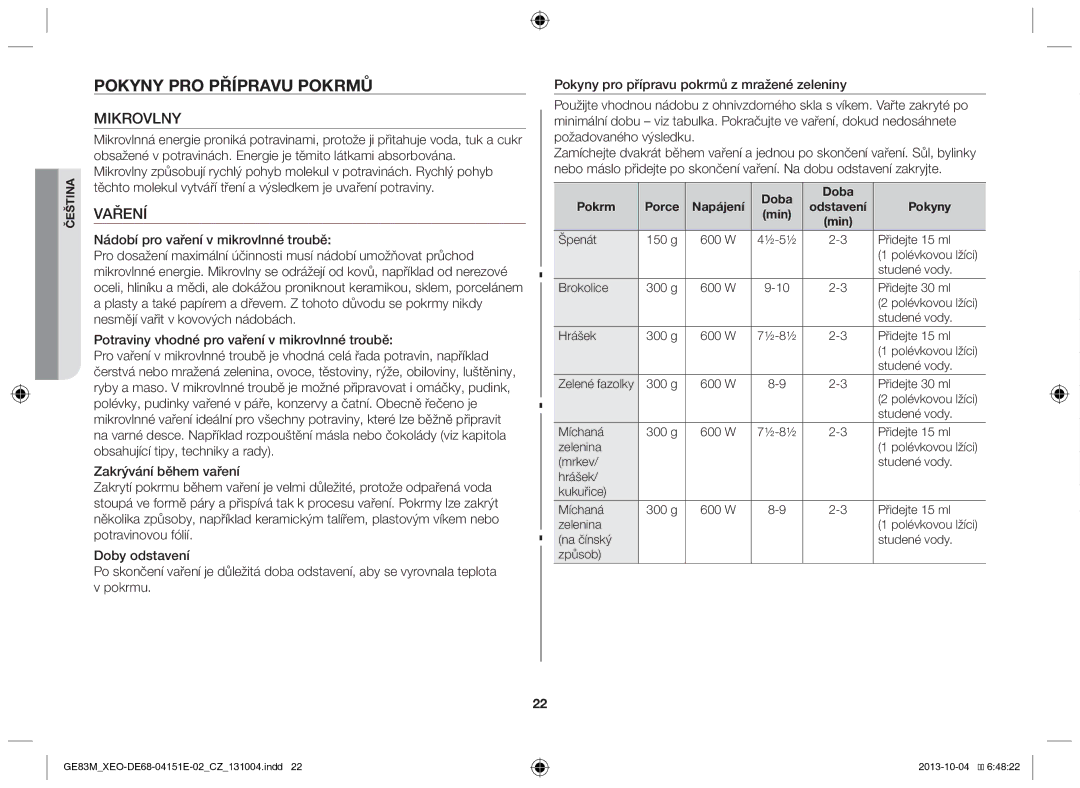 Samsung GE83M/XEO manual Pokyny pro přípravu pokrmů, Mikrovlny, Vaření, Doba Pokrm Porce 