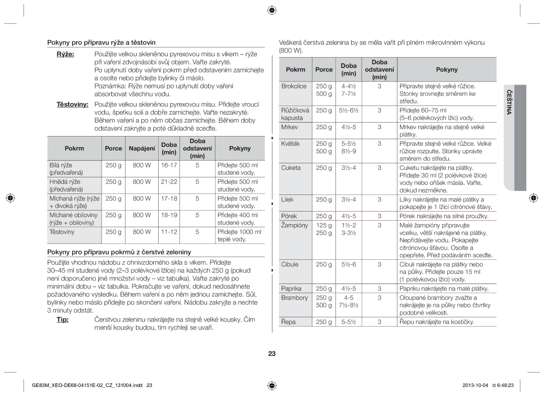 Samsung GE83M/XEO manual Bílá rýže 250 g, 21-22 Přidejte 500 ml Předvařená Studené vody, 11-12 Přidejte 1000 ml Teplé vody 