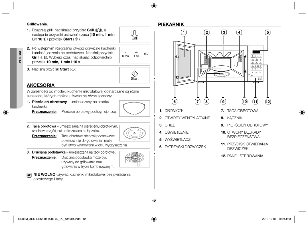 Samsung GE83M/XEO manual Akcesoria, Piekarnik 