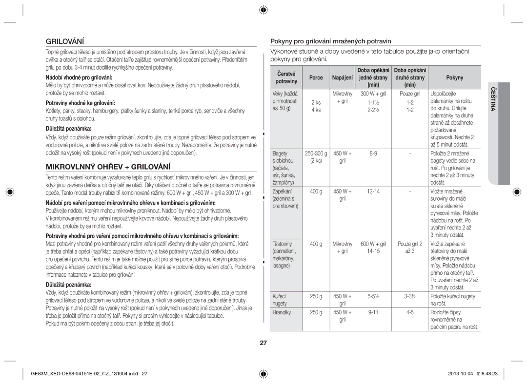 Samsung GE83M/XEO manual Grilování, Nádobí vhodné pro grilování, Potraviny vhodné ke grilování, Důležitá poznámka 