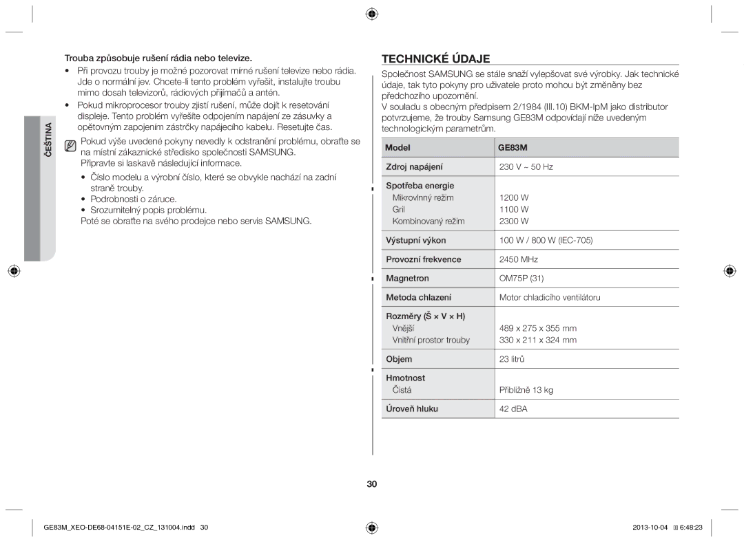 Samsung GE83M/XEO manual Technické údaje 