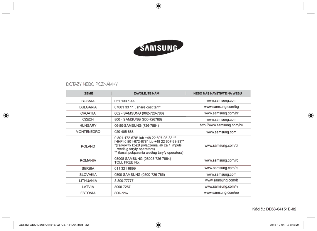 Samsung GE83M/XEO manual Kód č. DE68-04151E-02 