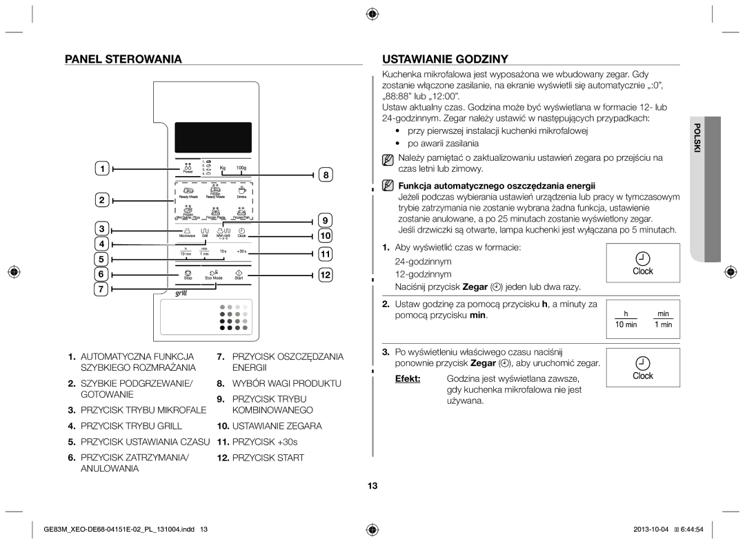 Samsung GE83M/XEO manual Panel sterowania Ustawianie godziny, Funkcja automatycznego oszczędzania energii, Przycisk +30s 