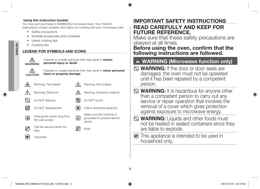 Samsung GE83M/XEO manual Using this instruction booklet, Hazards or unsafe practices that may result in severe 