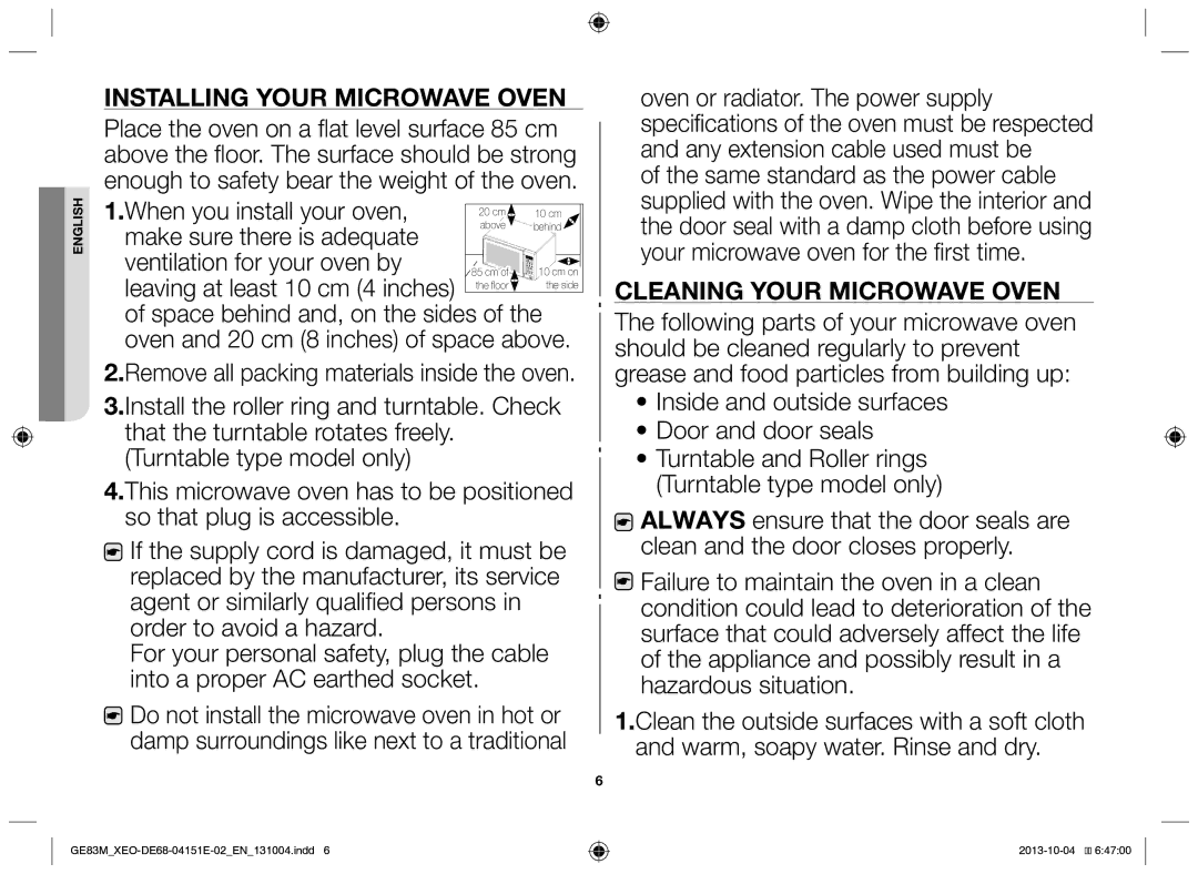 Samsung GE83M/XEO manual Installing your microwave oven, Cleaning your microwave oven 