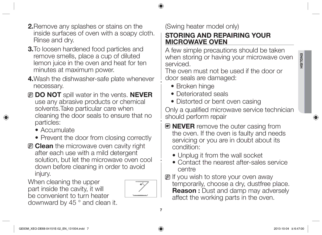 Samsung GE83M/XEO manual Swing heater model only, Storing and repairing your Microwave oven, Serviced 