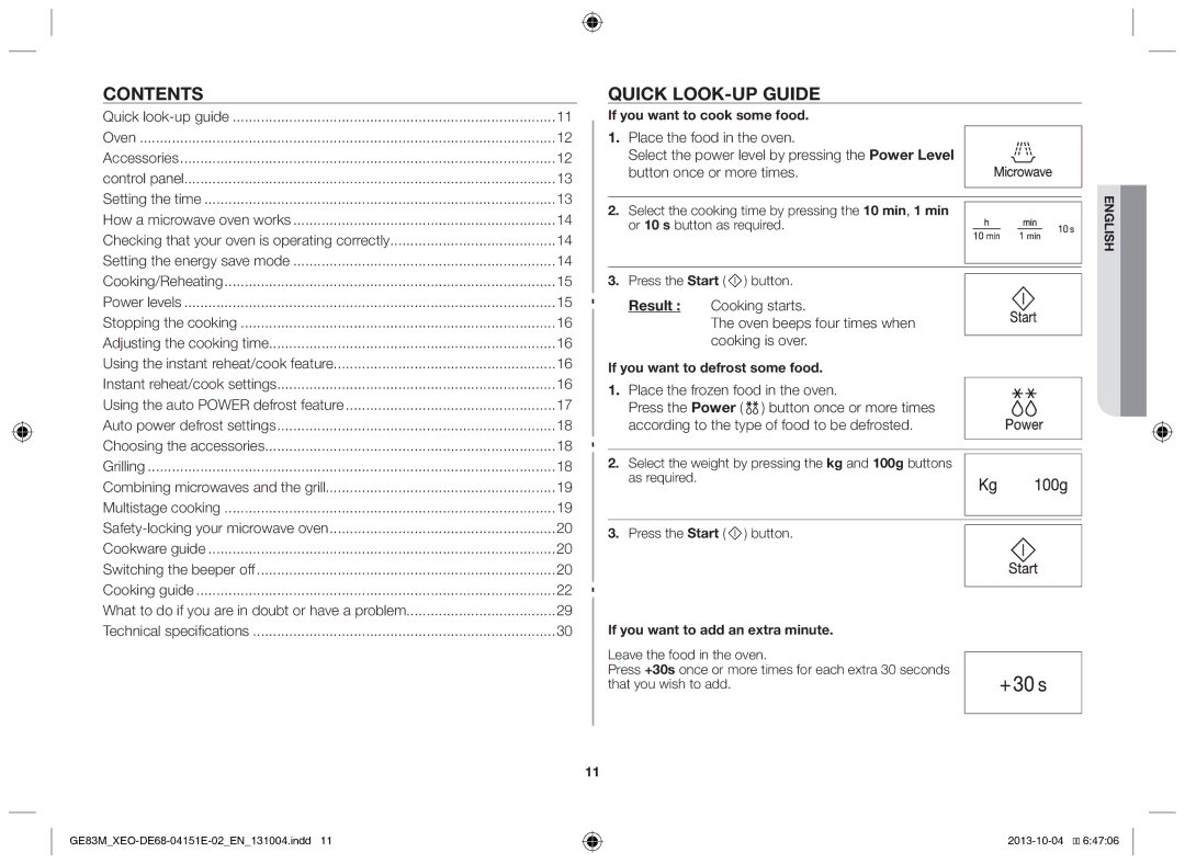 Samsung GE83M/XEO manual Contents, Quick look-up guide 