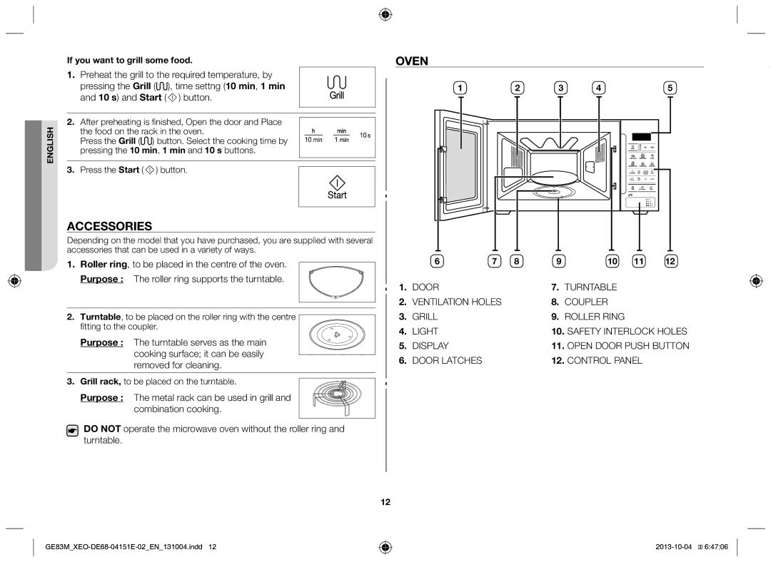 Samsung GE83M/XEO manual Accessories, Oven, If you want to grill some food, Grill rack, to be placed on the turntable 