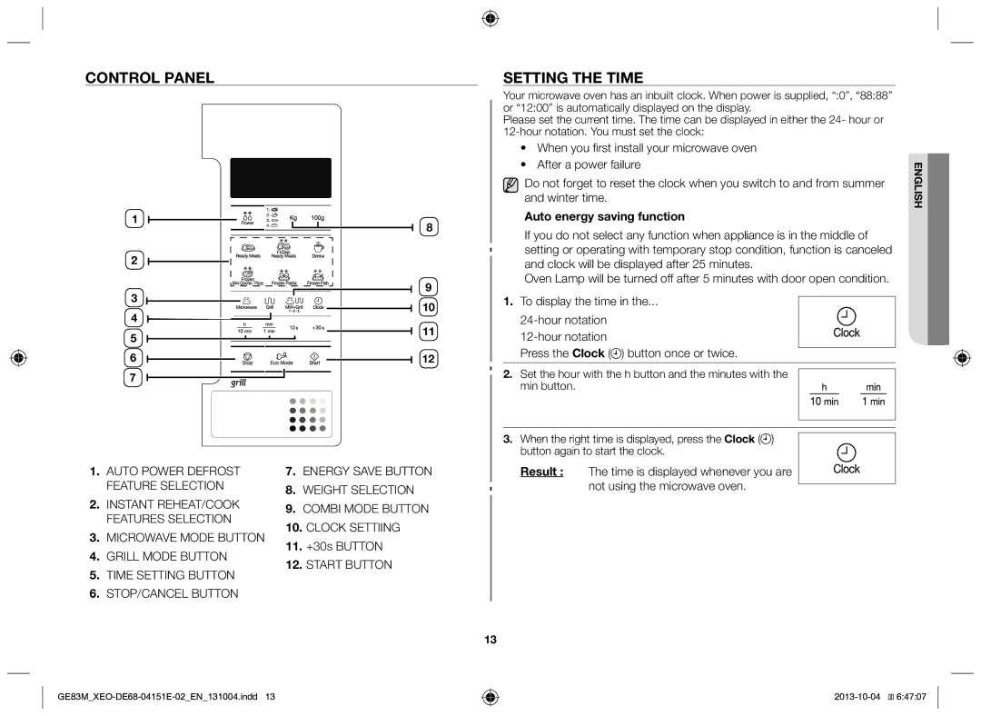 Samsung GE83M/XEO manual Control panel, Setting the time, Auto energy saving function 