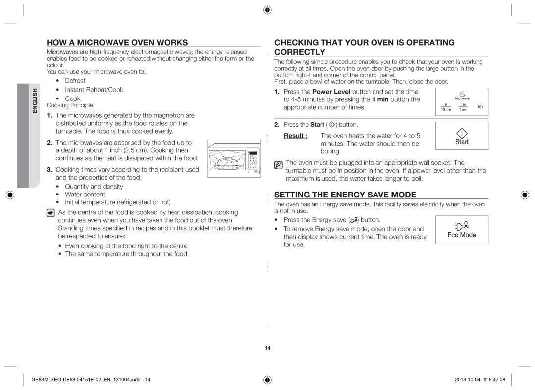 Samsung GE83M/XEO How a microwave oven works, Checking that your oven is operating correctly, Setting the energy save mode 