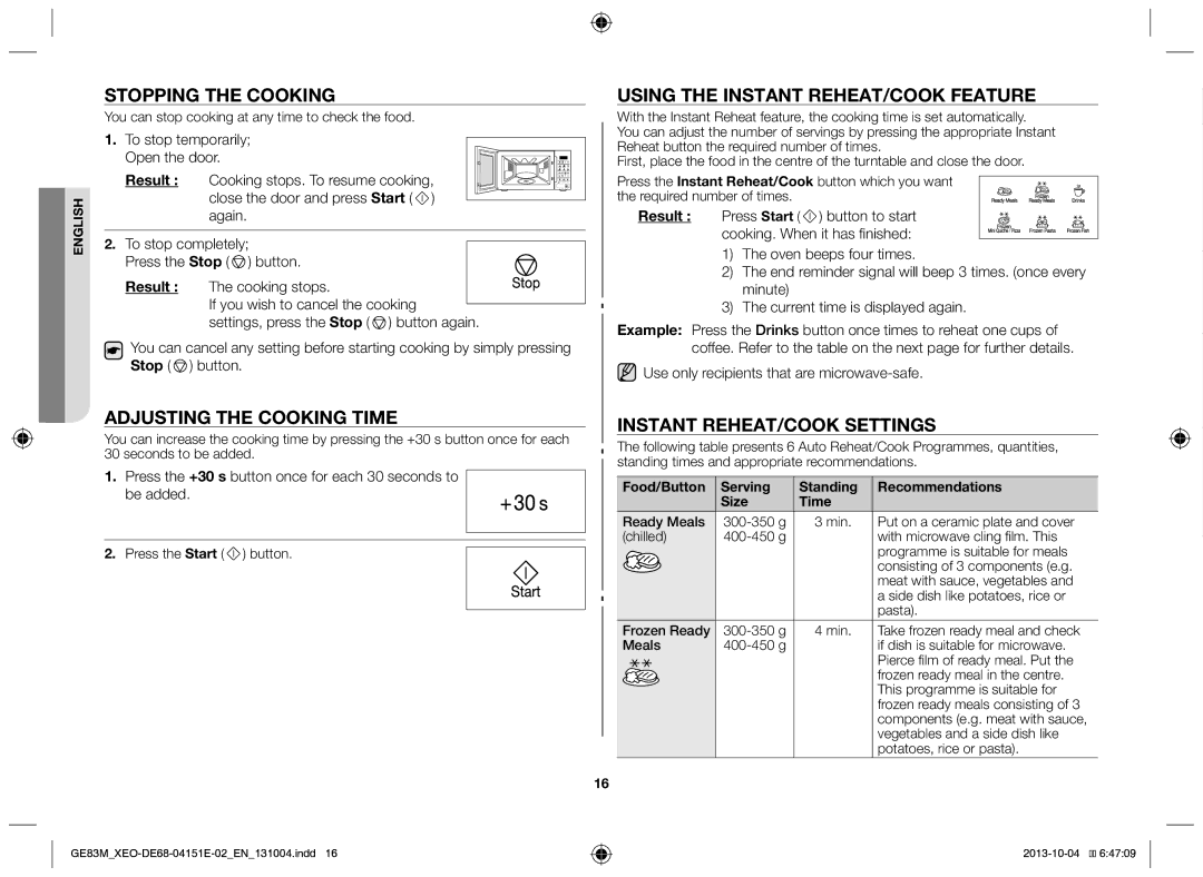 Samsung GE83M/XEO manual Stopping the cooking, Adjusting the cooking time, Using the instant reheat/cook feature, Result 