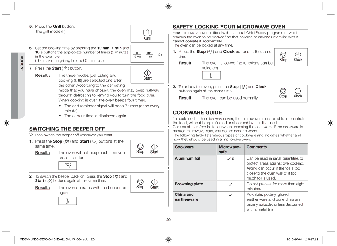 Samsung GE83M/XEO manual Switching the beeper off, Safety-locking your microwave oven, Cookware guide 