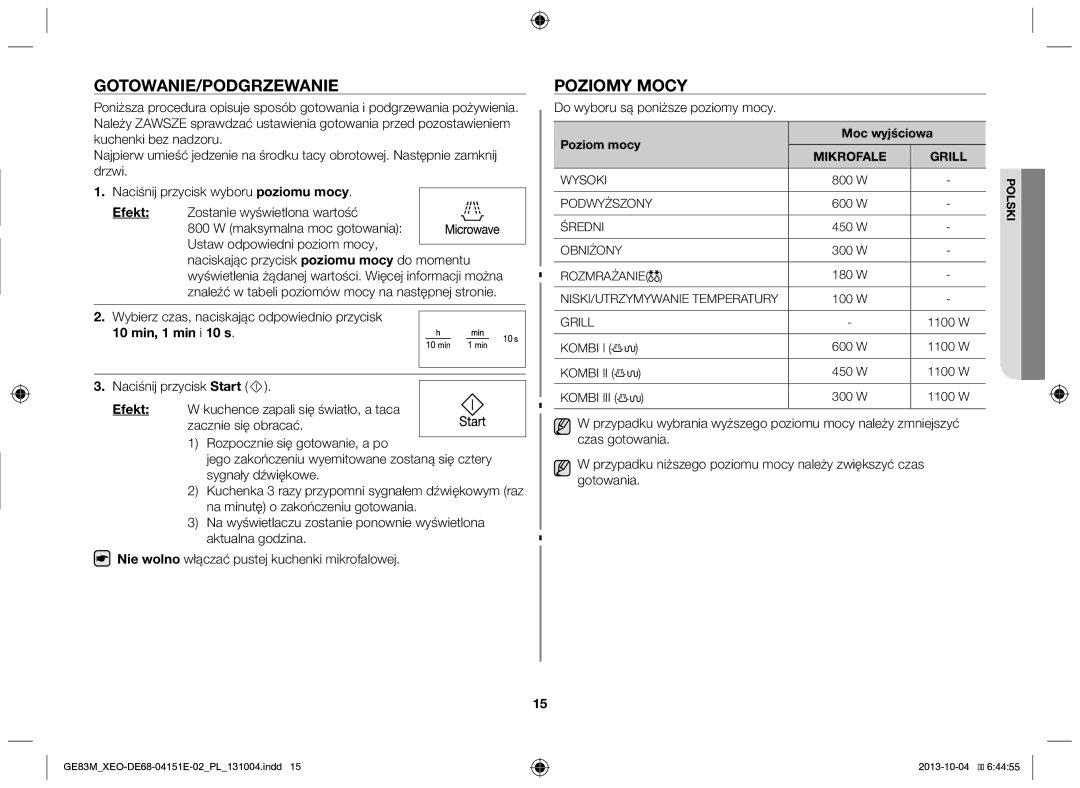 Samsung GE83M/XEO manual Gotowanie/Podgrzewanie, Poziomy mocy, Wybierz czas, naciskając odpowiednio przycisk 