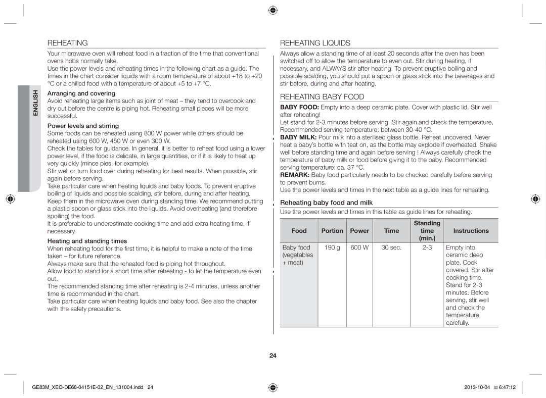 Samsung GE83M/XEO manual Reheating Liquids, Reheating Baby Food, Reheating baby food and milk 