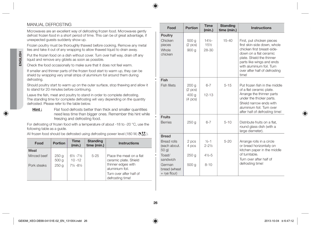 Samsung GE83M/XEO manual Manual Defrosting 