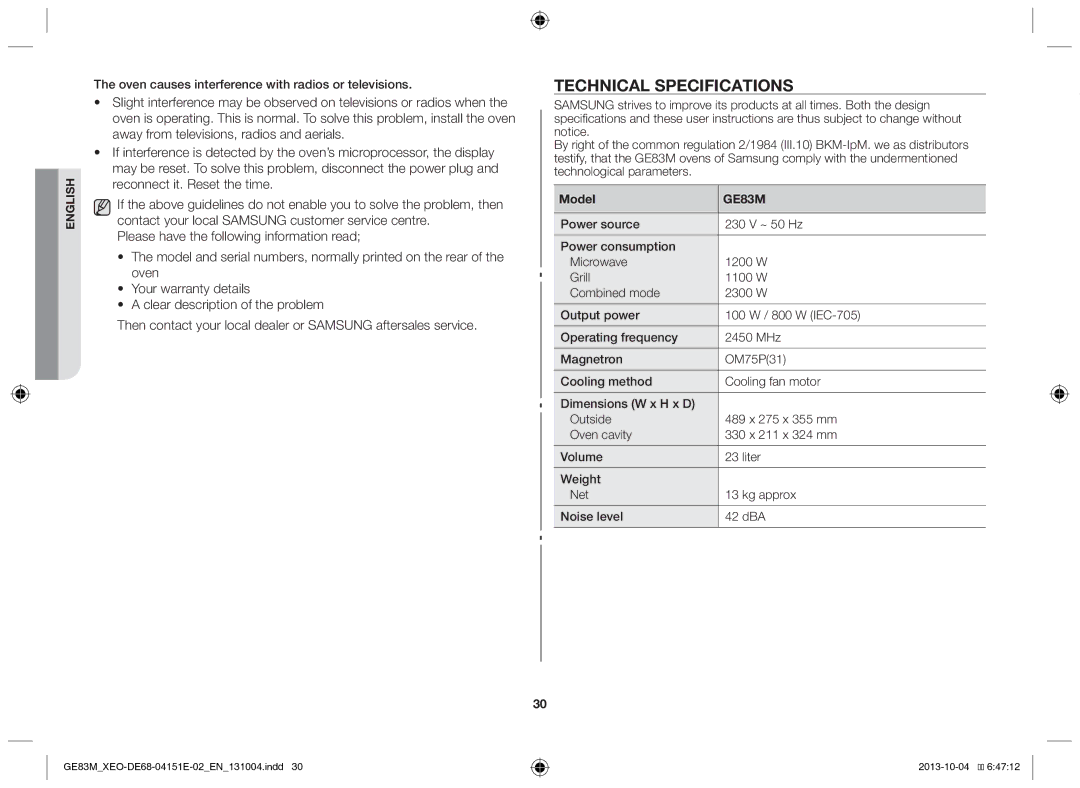 Samsung GE83M/XEO manual Technical specifications, Oven causes interference with radios or televisions 