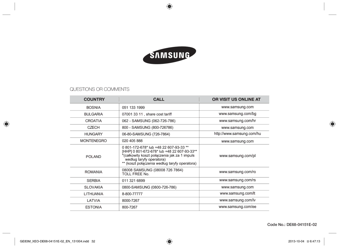 Samsung GE83M/XEO manual Code No. DE68-04151E-02 