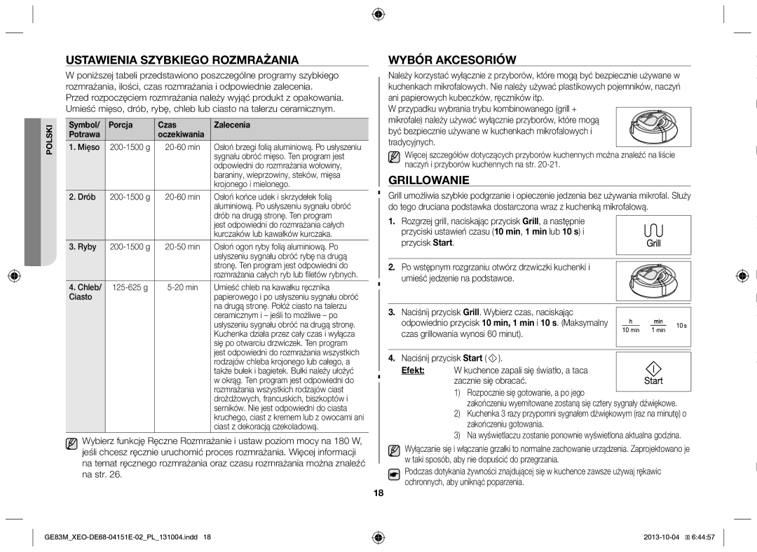 Samsung GE83M/XEO manual Ustawienia szybkiego rozmrażania, Wybór akcesoriów, Grillowanie, Tradycyjnych 