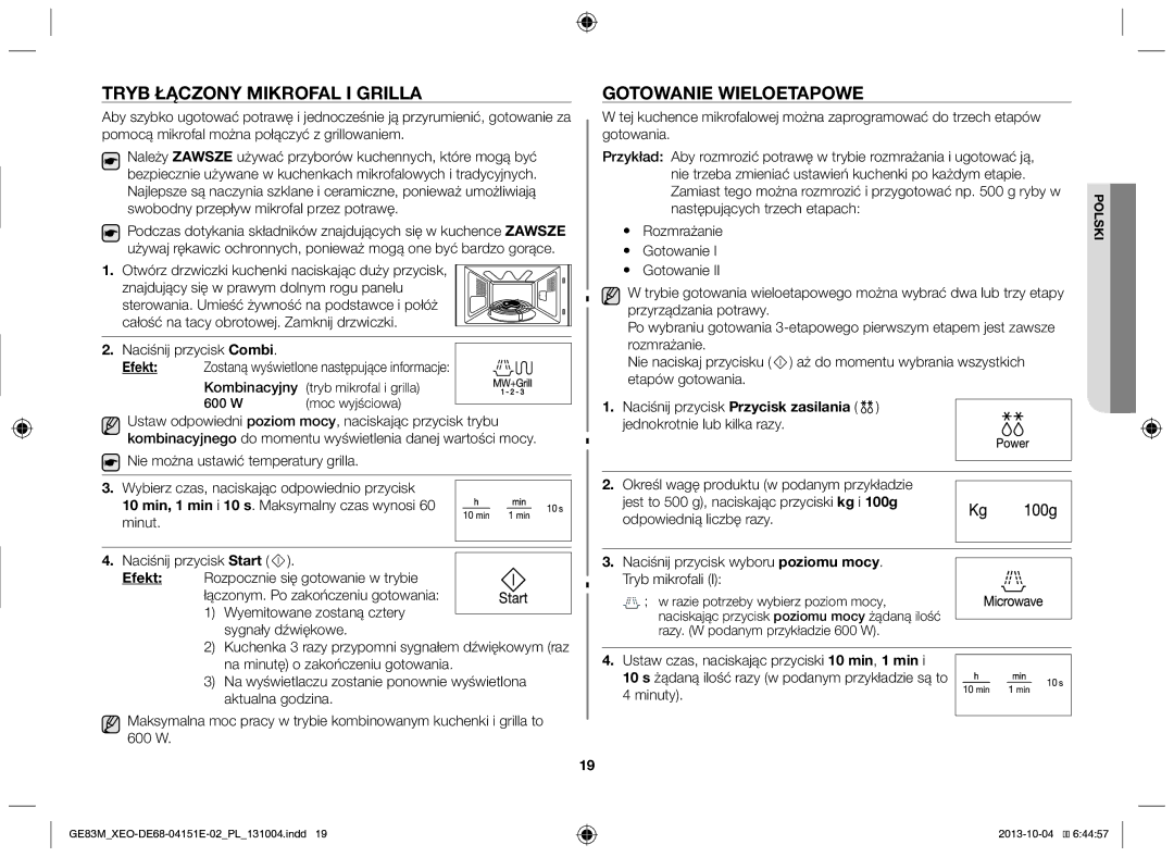 Samsung GE83M/XEO manual Tryb łączony mikrofal i grilla, Gotowanie wieloetapowe 