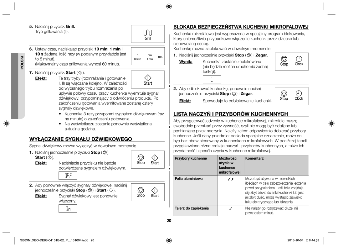 Samsung GE83M/XEO manual Wyłączanie sygnału dźwiękowego, Blokada bezpieczeństwa kuchenki mikrofalowej, Start Efekt 