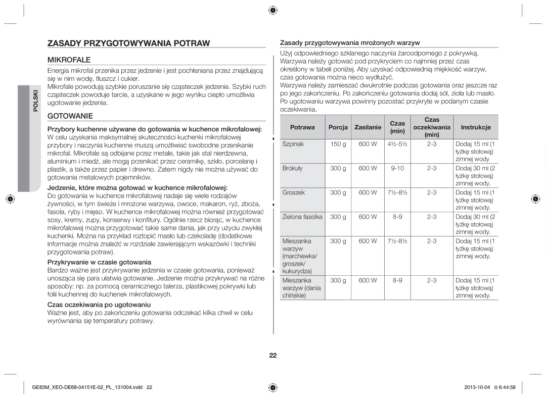 Samsung GE83M/XEO manual Zasady przygotowywania potraw, Mikrofale, Gotowanie 