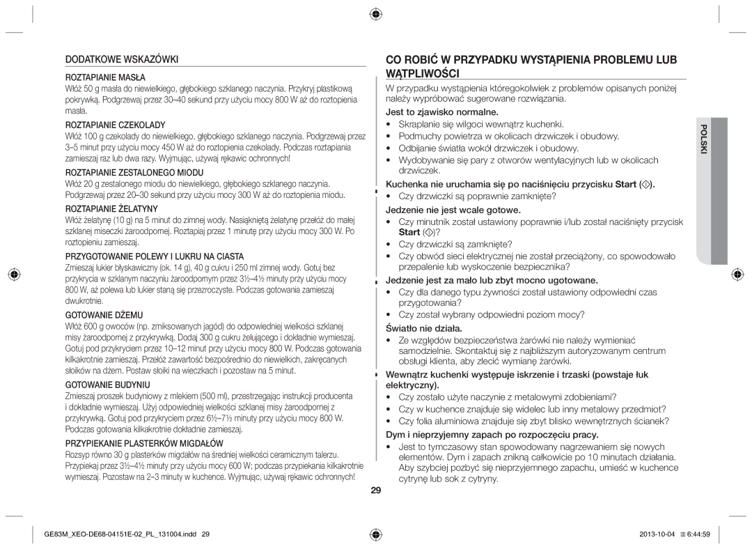 Samsung GE83M/XEO manual Co robić w przypadku wystąpienia problemu lub wątpliwości, Dodatkowe Wskazówki, Start ? 