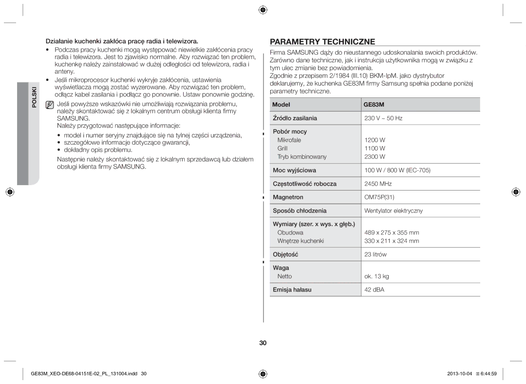 Samsung GE83M/XEO manual Parametry techniczne, Samsung, Model 