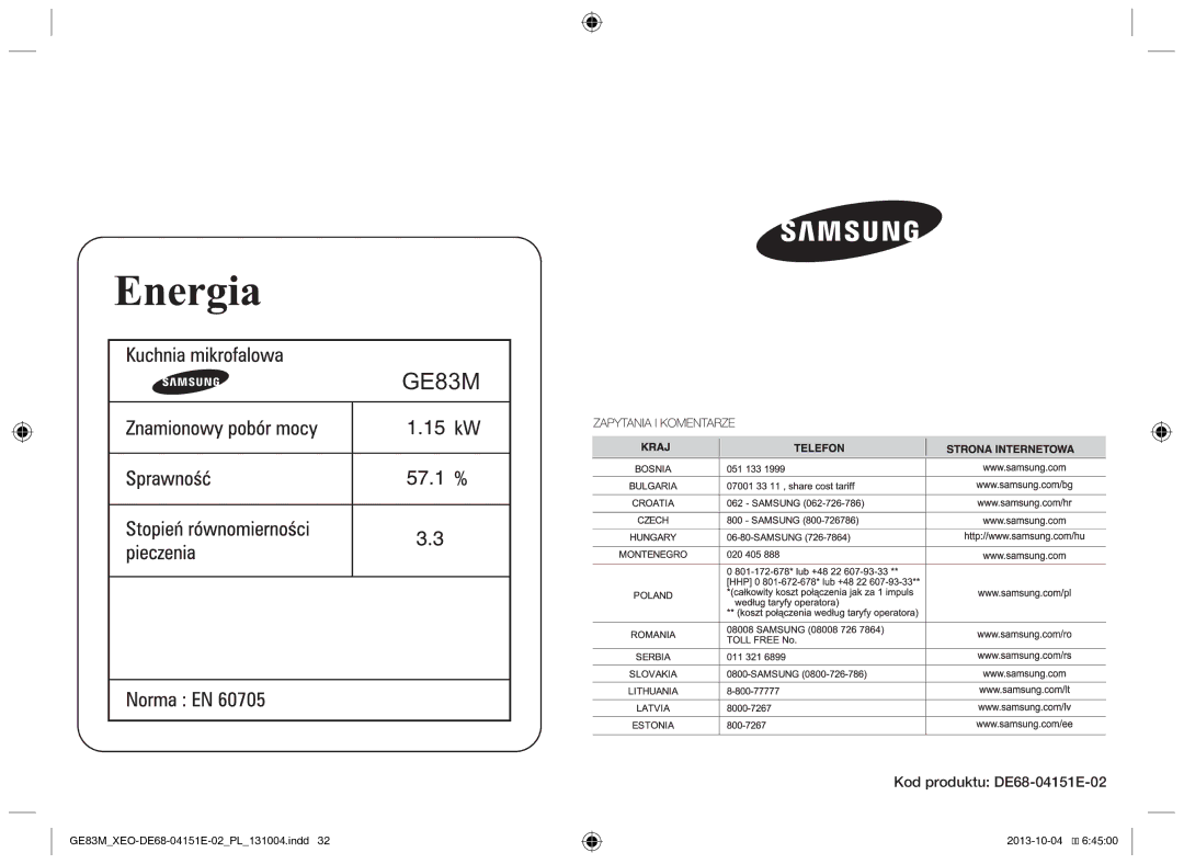 Samsung GE83M/XEO manual Kod produktu DE68-04151E-02 