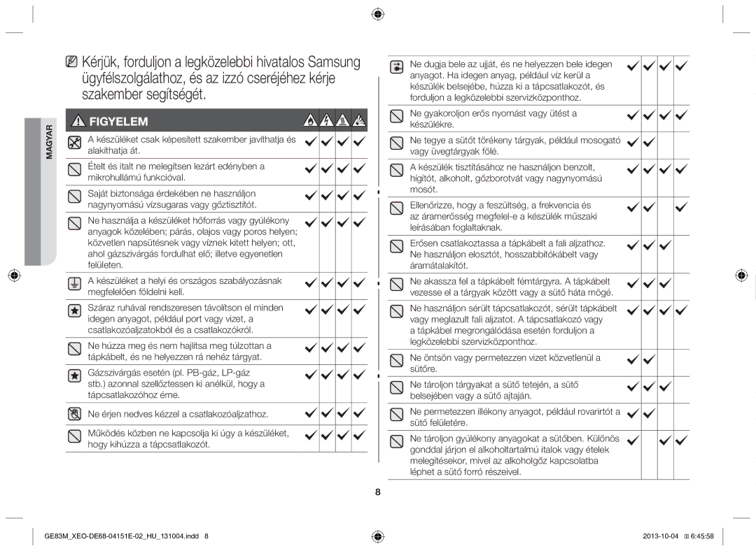 Samsung GE83M/XEO manual Készüléket csak képesített szakember javíthatja és, Alakíthatja át 