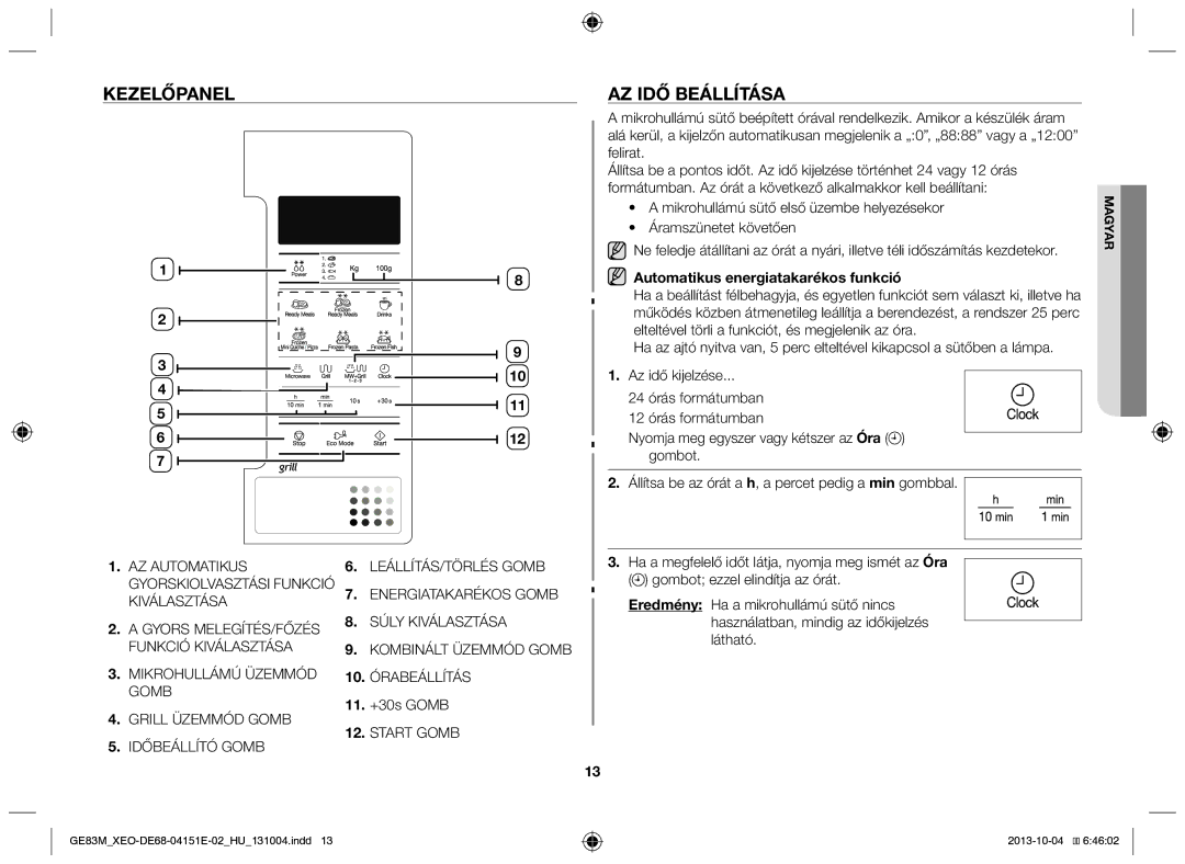 Samsung GE83M/XEO manual Kezelőpanel Az idő beállítása, Automatikus energiatakarékos funkció, 11. +30s Gomb, Start Gomb 