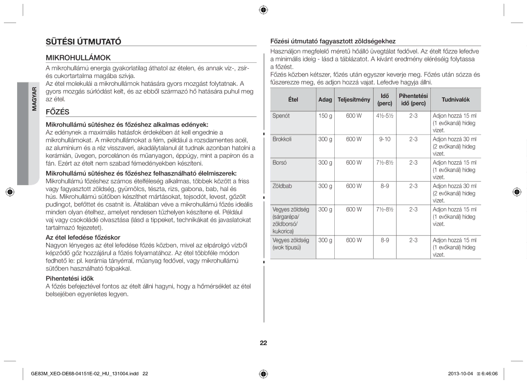 Samsung GE83M/XEO manual Sütési útmutató, Mikrohullámok, Főzés, Étel Adag, Tudnivalók 