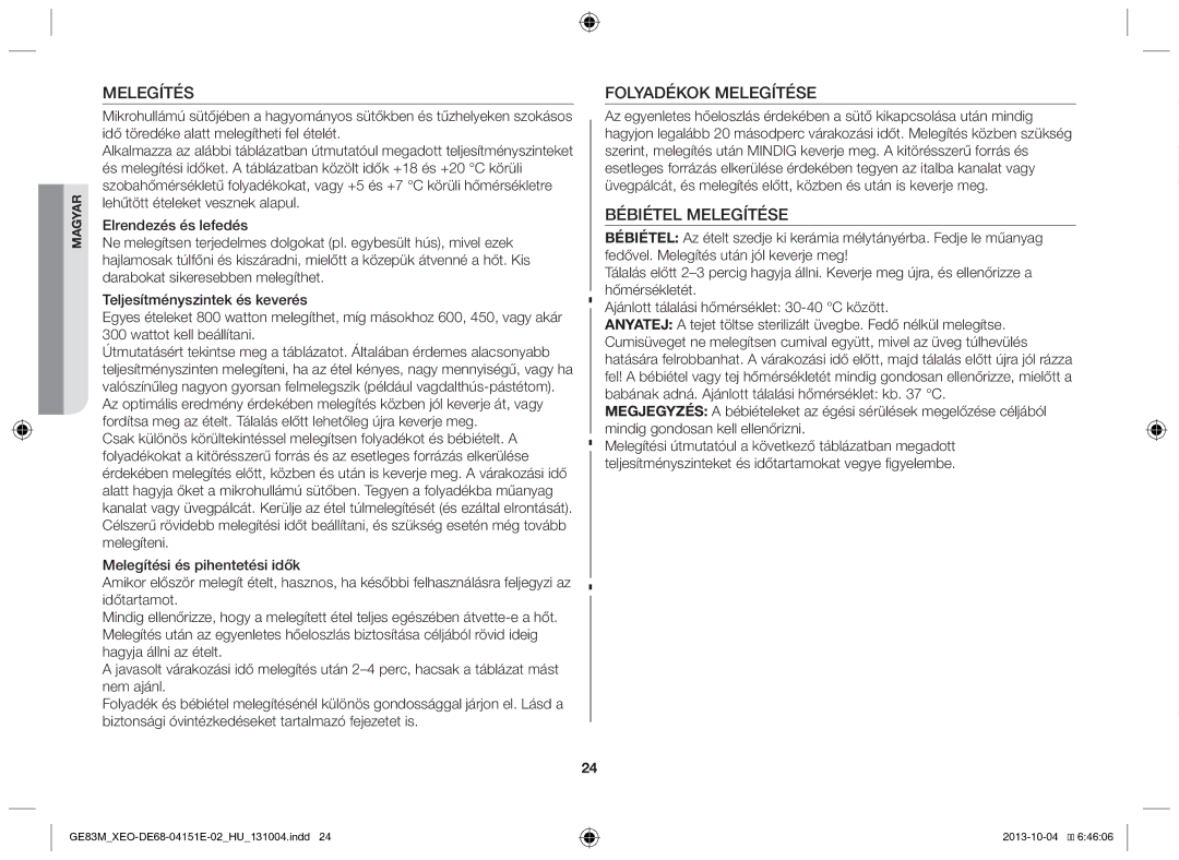 Samsung GE83M/XEO manual Folyadékok Melegítése, Bébiétel Melegítése 