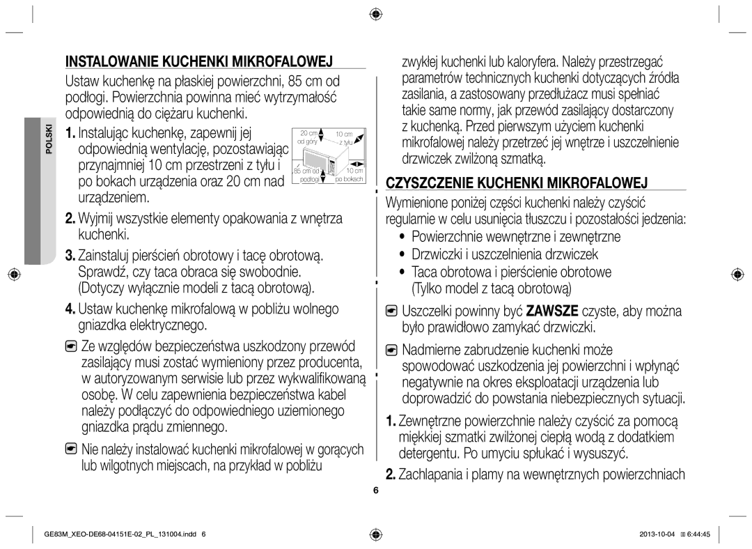 Samsung GE83M/XEO manual Instalowanie kuchenki mikrofalowej, Czyszczenie kuchenki mikrofalowej 