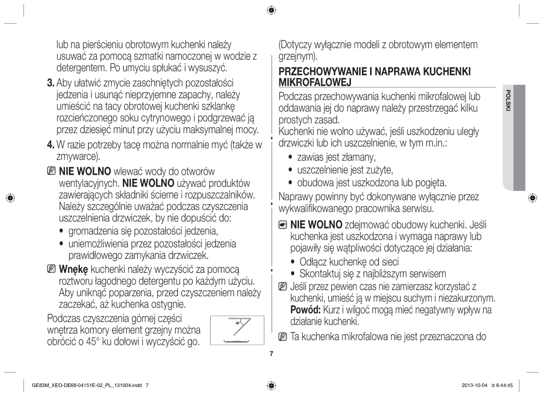 Samsung GE83M/XEO manual Razie potrzeby tacę można normalnie myć także w zmywarce, Gromadzenia się pozostałości jedzenia 