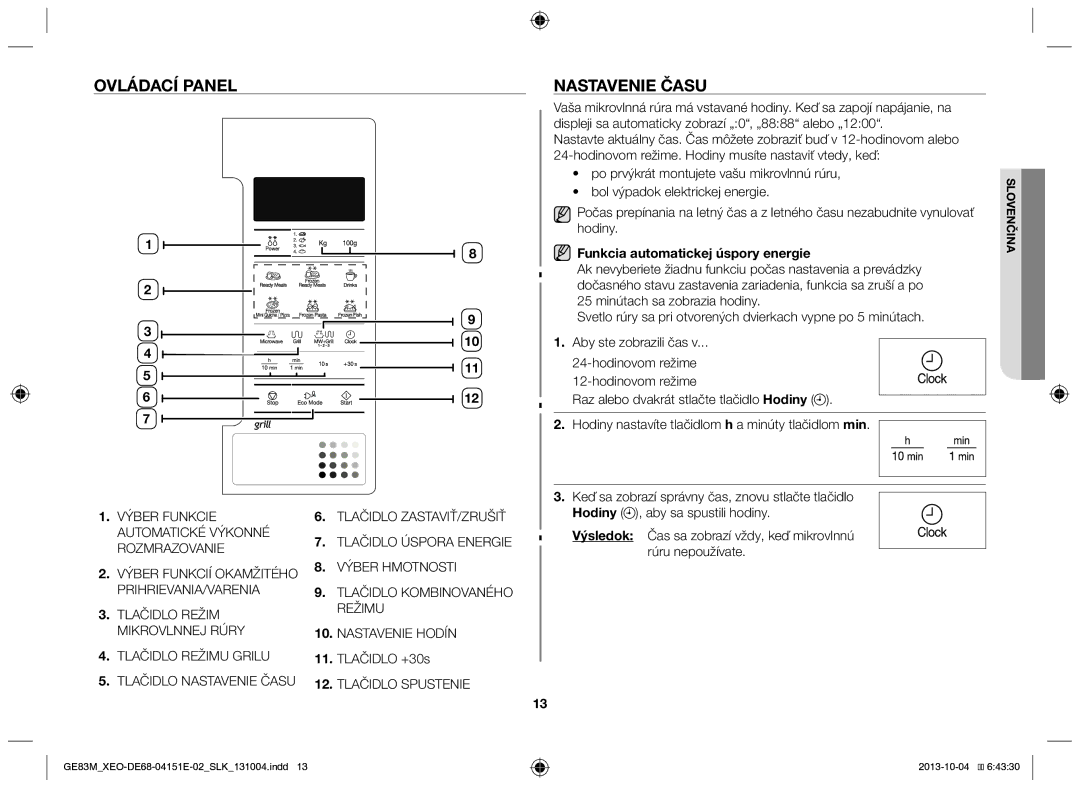 Samsung GE83M/XEO Ovládací panel Nastavenie času, Tlačidlo +30s, Tlačidlo Spustenie, Funkcia automatickej úspory energie 