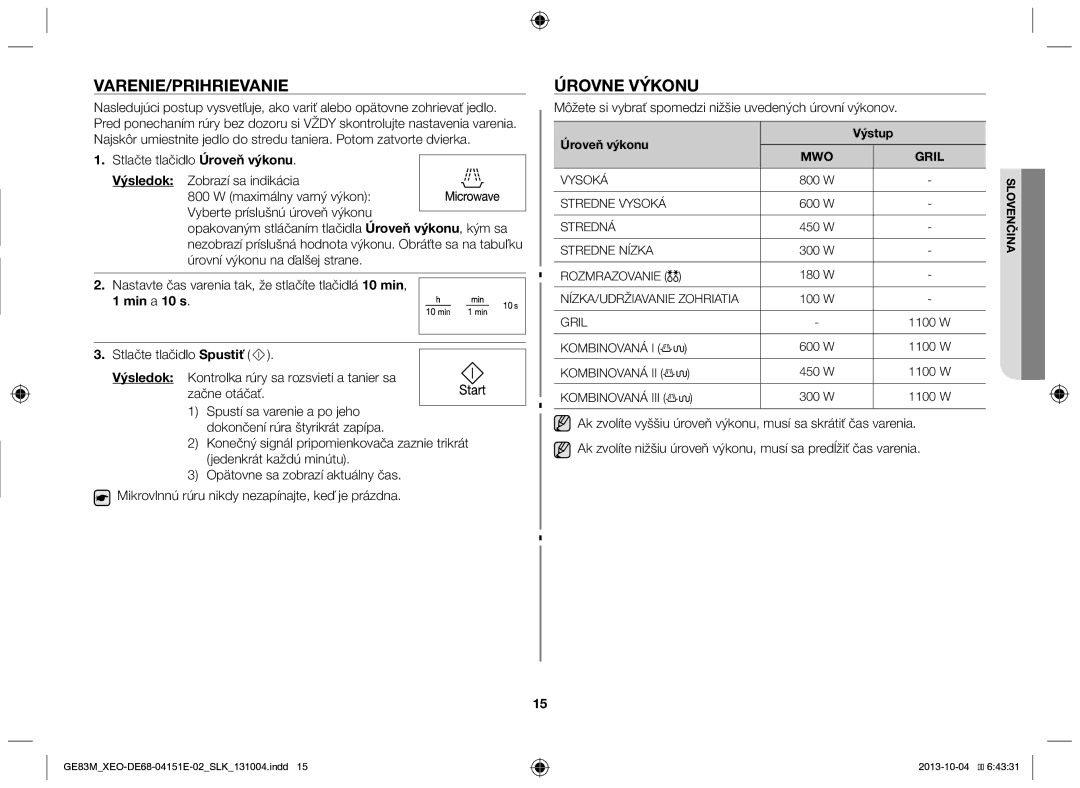 Samsung GE83M/XEO manual Varenie/Prihrievanie, Úrovne výkonu, Stlačte tlačidlo Úroveň výkonu, Min a 10 s 