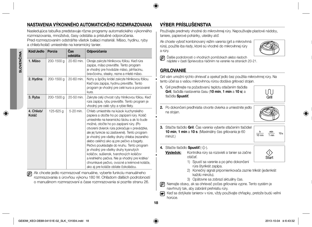 Samsung GE83M/XEO manual Nastavenia výkonného automatického rozmrazovania, Výber príslušenstva, Grilovanie 