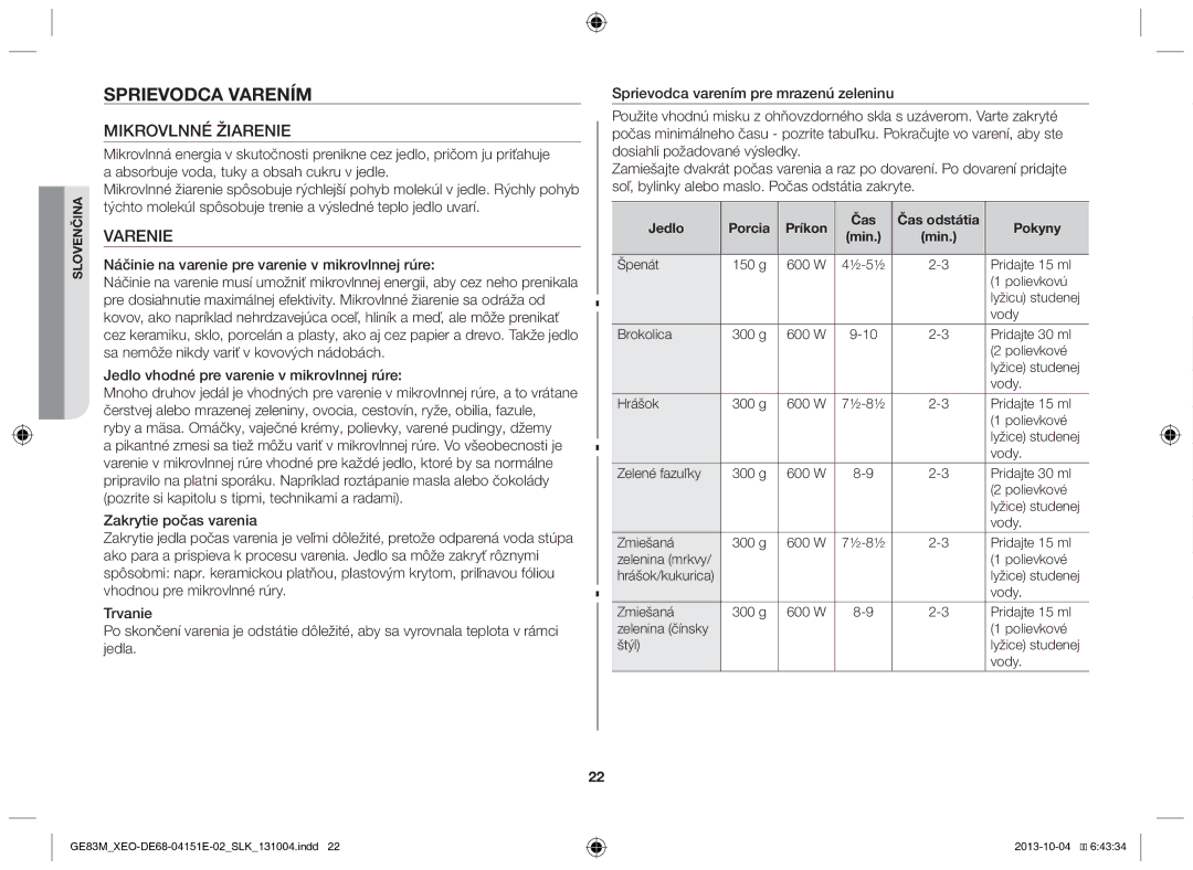 Samsung GE83M/XEO manual Sprievodca varením, Mikrovlnné Žiarenie, Varenie, Jedlo Porcia Príkon Čas Čas odstátia Pokyny 