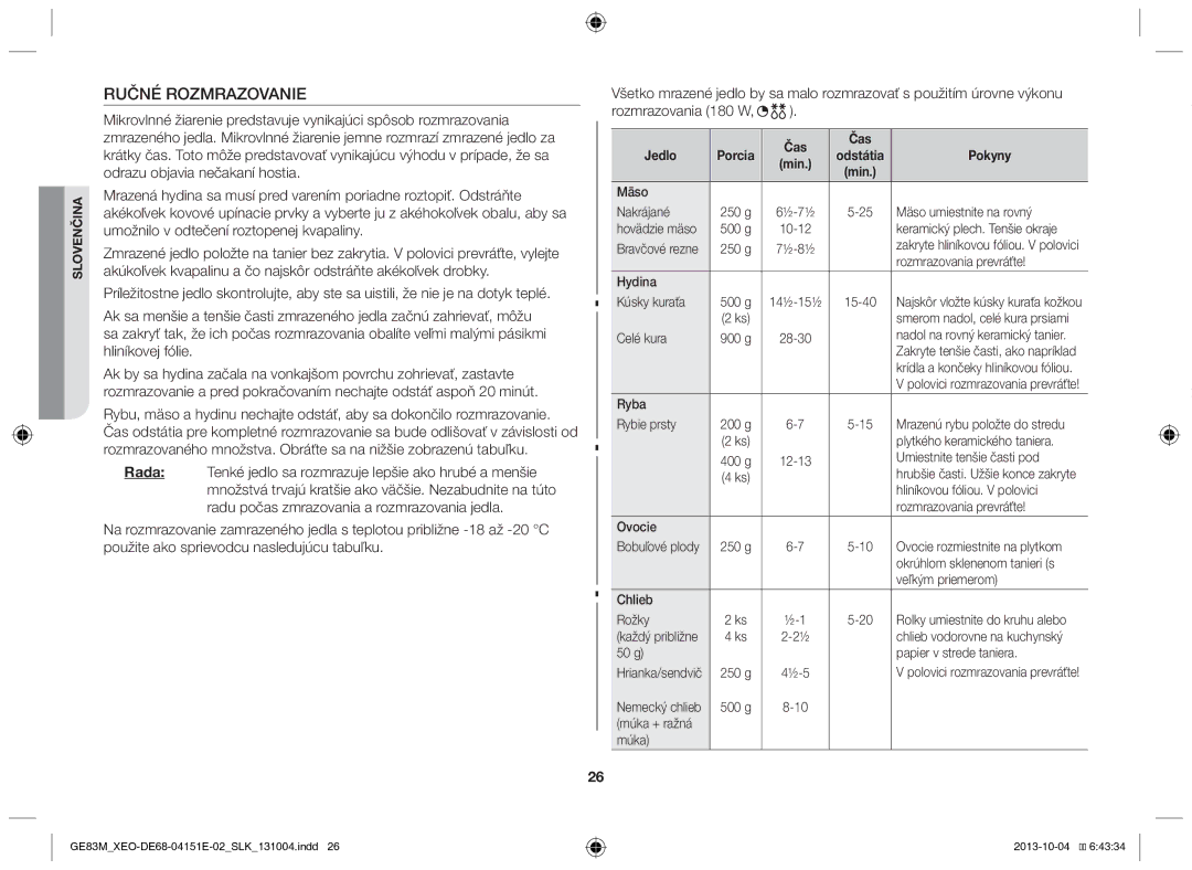 Samsung GE83M/XEO manual Ručné Rozmrazovanie 