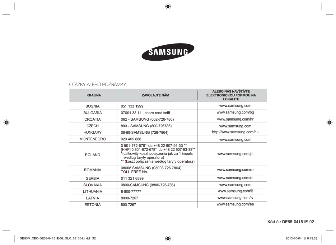 Samsung GE83M/XEO manual Kód č. DE68-04151E-02 