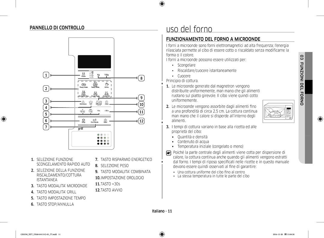 Samsung GE83M/XET manual Uso del forno, Pannello DI Controllo, Funzionamento DEL Forno a Microonde 