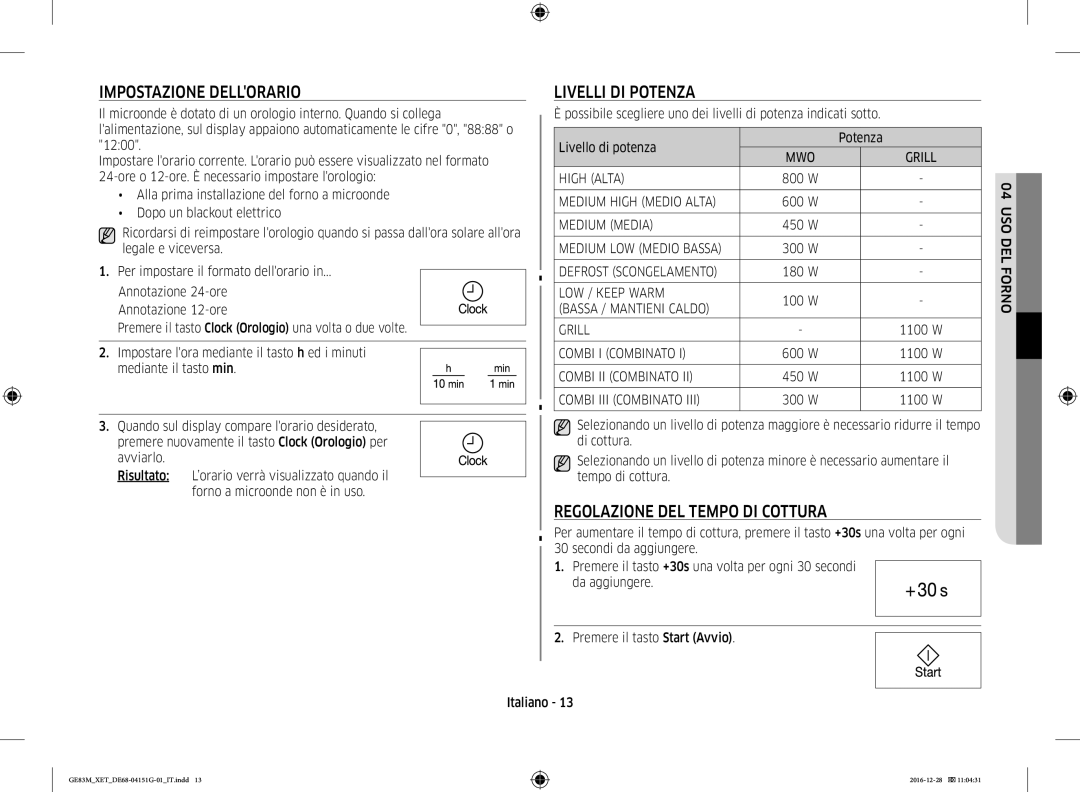 Samsung GE83M/XET manual Impostazione Dellorario, Livelli DI Potenza, Regolazione DEL Tempo DI Cottura 