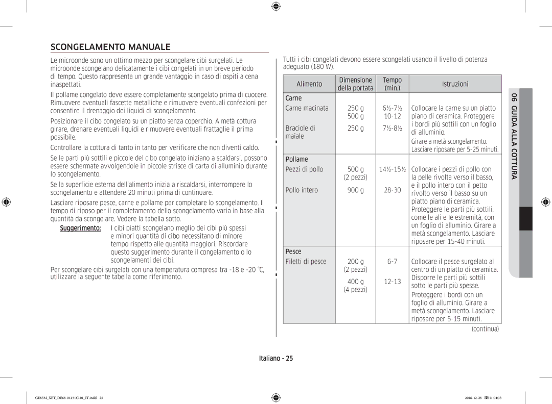 Samsung GE83M/XET manual Scongelamento Manuale 